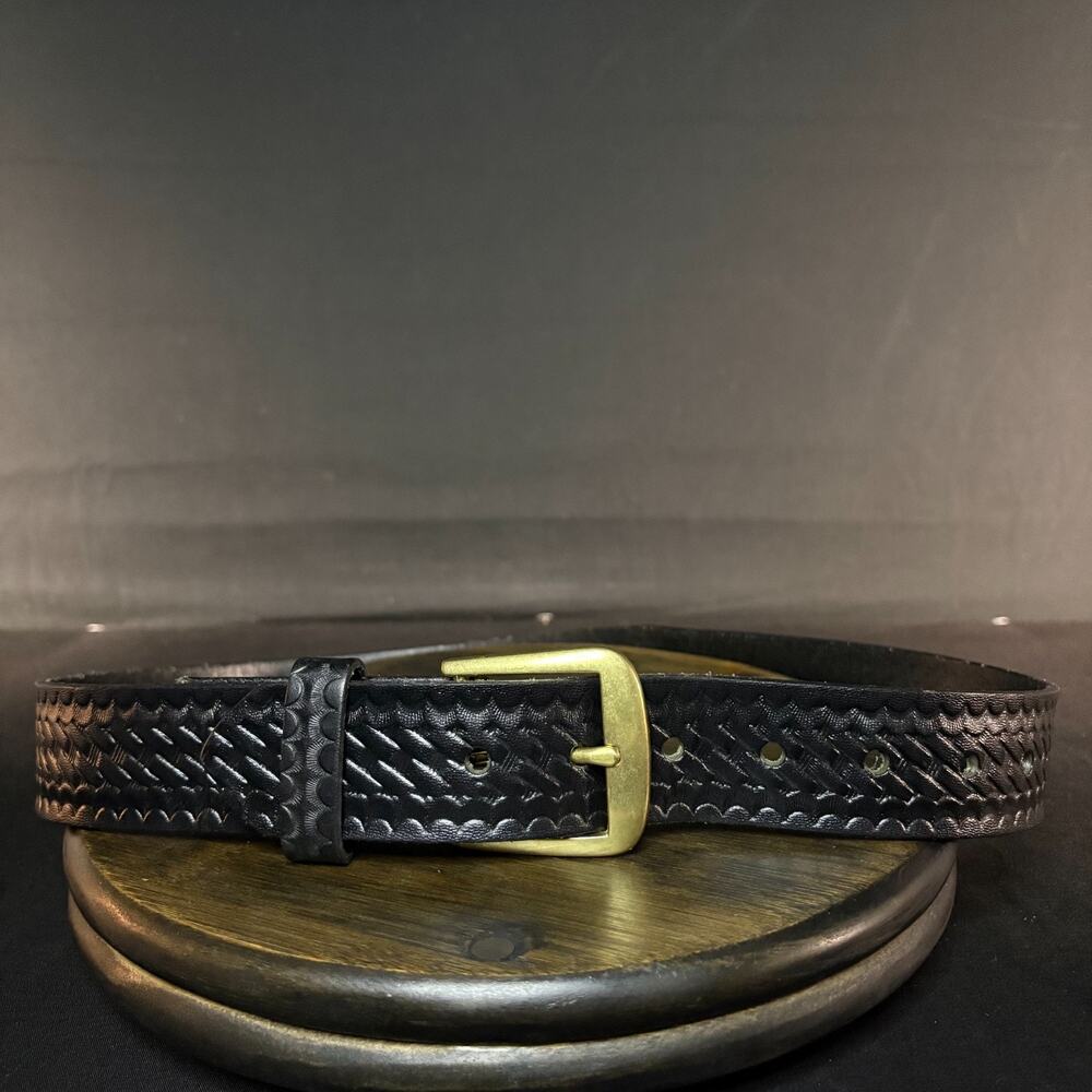 Boston Leather Garrison Belt Size 30" Basketweave Black Leather Brass 6606